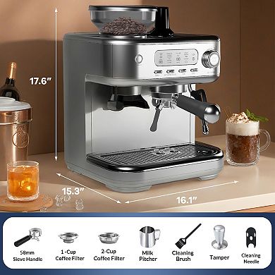 Espresso Machine 15 Bar, Milk Frother and PID Temperature Control, 8.8 Oz Bean Hopper