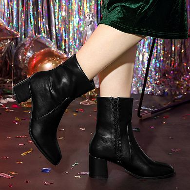 Women's Square Toe Side Zip Block Heel Ankle Boots