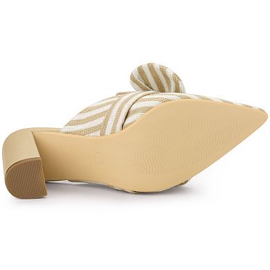 Women's Stripe Bow Pointed Toe Block Heel Slides Mules