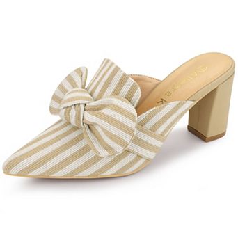 Women's Stripe Bow Pointed Toe Block Heel Slides Mules