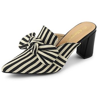 Women's Stripe Bow Pointed Toe Block Heel Slides Mules