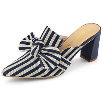 Women's Stripe Bow Pointed Toe Block Heel Slides Mules