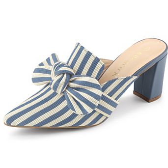 Women's Stripe Bow Pointed Toe Block Heel Slides Mules