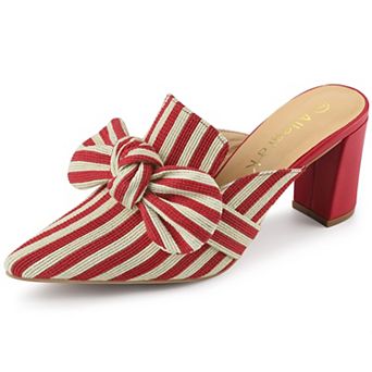 Women's Stripe Bow Pointed Toe Block Heel Slides Mules