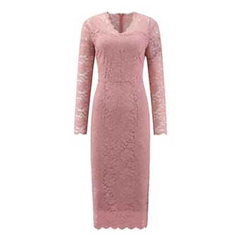 Women's Floral Lace Dress V Neck Long Sleeve Cocktail Wedding Bodycon Pencil Dresses