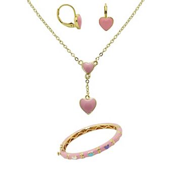 Junior Jewels Kids 14k Gold Over Brass Pink Enamel Heart Necklace, Bangle, & Earrings Set