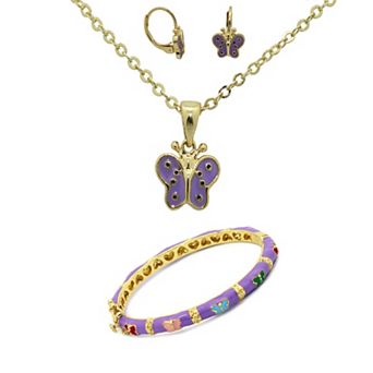 Junior Jewels Kids 14k Gold Over Brass Purple Enamel Butterfly Necklace, Bangle, & Earrings Set