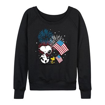 Women's Peanuts Snoopy & Woodstock USA Flags & Fireworks French Terry Long Sleeve Tee