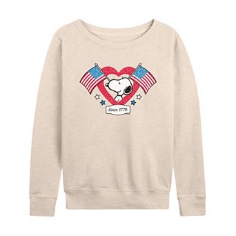 Women's Peanuts Snoopy USA Flag Heart 1776 French Terry Long Sleeve Tee