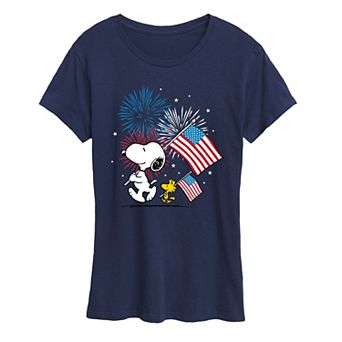 Women's Peanuts Snoopy & Woodstock USA Flags & Fireworks Graphic Tee