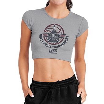 Juniors' Top Gun Volleyball Grey Crop Graphic Tee