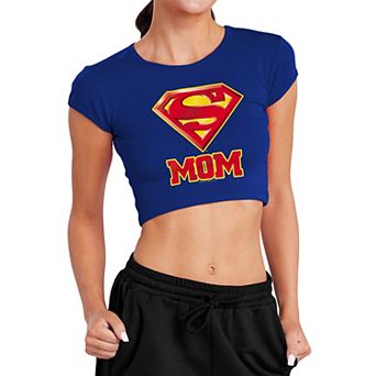 Juniors' Superman Super Mom Baby Rib Cropped Graphic Tee