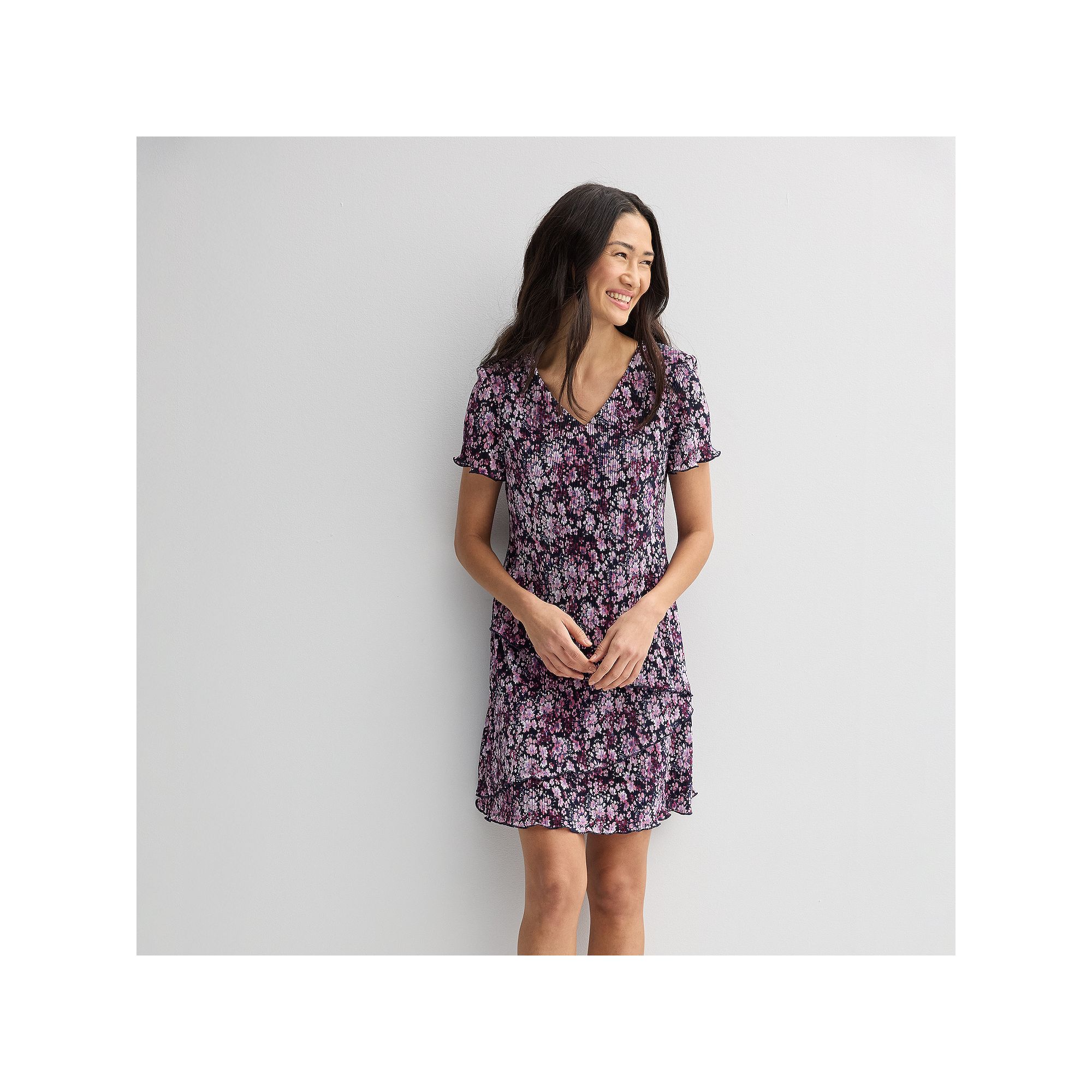 Petite Studio Connection V-Neck Short Sleeve Bodre Tiered Dress, Womens, S