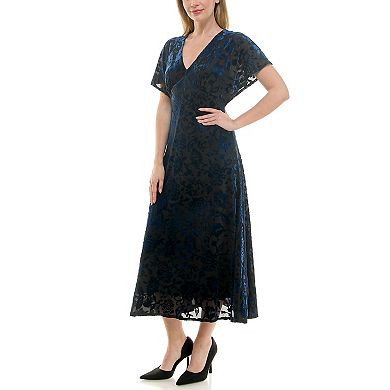 Women's Taylor V-Neck Velvet Burnout Flutter Sleeve Midi Dress