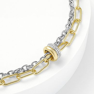 Emberly Two-Tone Polished and Pave Glass Stone Rondelle on Double Layer Bracelet