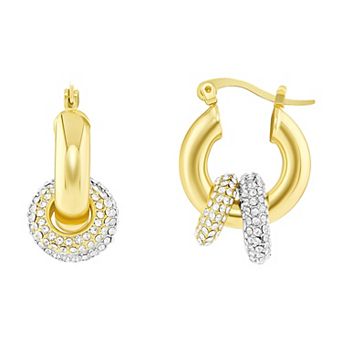 Emberly Two-Tone Double Pave Glass Stone Polished Hoop Earrings