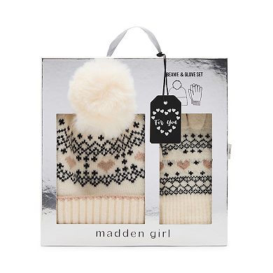 Women's madden girl 2-Piece Heart Fairisle Beanie & Gloves Gift Set