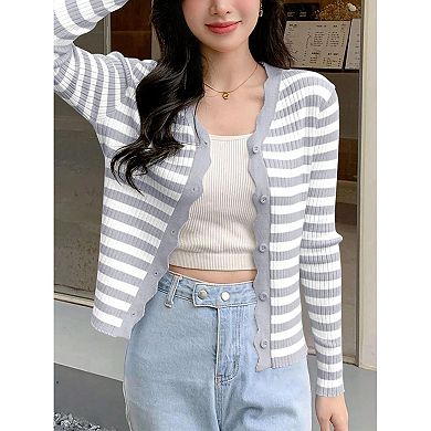 Womens 3/4 Sleeve Cropped Cardigan Knit Shrugs Tops V Neck Button Down Cardigans Sweaters