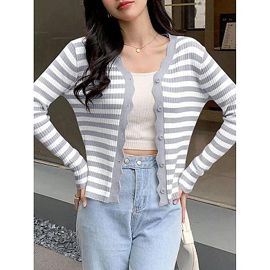 Womens 3/4 Sleeve Cropped Cardigan Knit Shrugs Tops V Neck Button Down Cardigans Sweaters