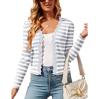 Womens 3/4 Sleeve Cropped Cardigan Knit Shrugs Tops V Neck Button Down Cardigans Sweaters