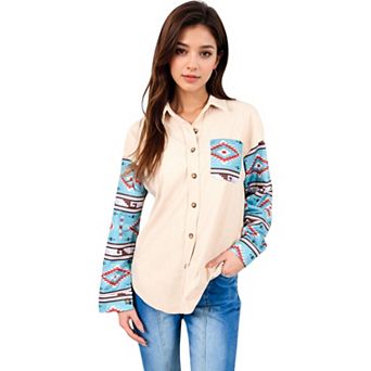 Women's Button-Up Corduroy Shirt with Colorful Print Pocket and Sleeves