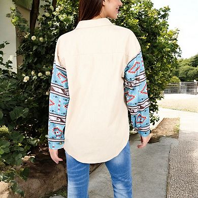 Women's Button-Up Corduroy Shirt with Colorful Print Pocket and Sleeves