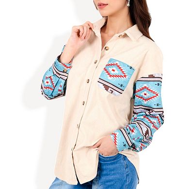 Women's Button-Up Corduroy Shirt with Colorful Print Pocket and Sleeves