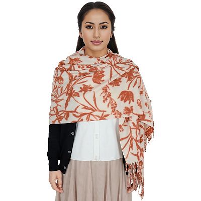 Anna-Kaci Women's Floral Print Winter Scarf Soft Cashmere Feel Fringe Shawl Wrap Scarves for Evening Dress, Beige and Orange / One Size Fits Most