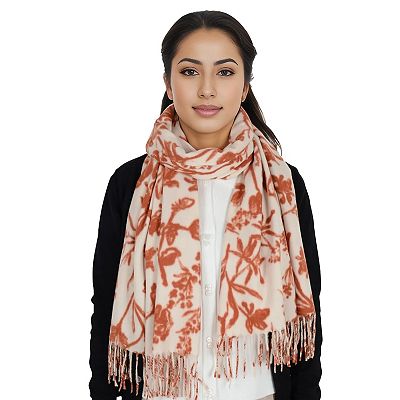 Anna-Kaci Women's Floral Print Winter Scarf Soft Cashmere Feel Fringe Shawl Wrap Scarves for Evening Dress- Beige and Orange