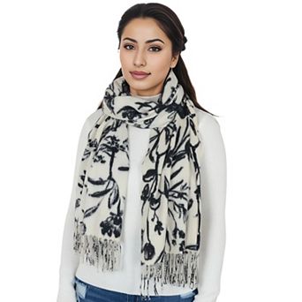 Women's Floral Print Winter Scarf Soft Cashmere Feel Fringe Shawl Wrap Scarves for Evening Dress