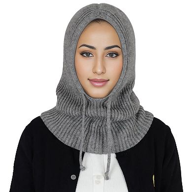 Women's Solid Hooded Scarf Hat Winter Balaclava Knit Skull Cap Beanie Hat Neck Gaiters