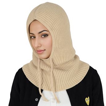 Women's Solid Hooded Scarf Hat Winter Balaclava Knit Skull Cap Beanie Hat Neck Gaiters