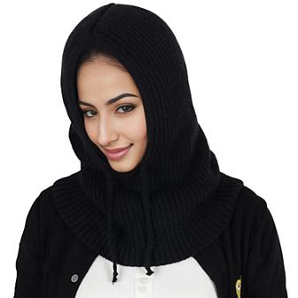 Women's Solid Hooded Scarf Hat Winter Balaclava Knit Skull Cap Beanie Hat Neck Gaiters
