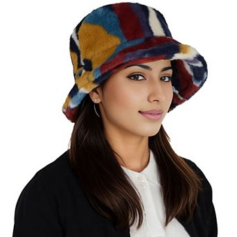 Women's Comfy Faux Fur Fuzzy Bucket Hat Colorful Winter Warm Hat Plush Fisherman Cap for Women