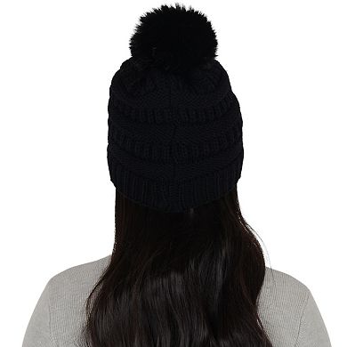 Women's Winter Chunky Knit Slouchy Beanie with Faux Fur Pompom Warm Fleece Chunky Baggy Ha