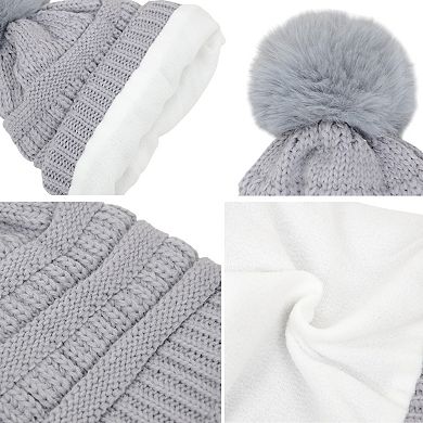 Women's Winter Chunky Knit Slouchy Beanie with Faux Fur Pompom Warm Fleece Chunky Baggy Ha