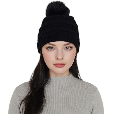 Women's Winter Chunky Knit Slouchy Beanie with Faux Fur Pompom Warm Fleece Chunky Baggy Ha