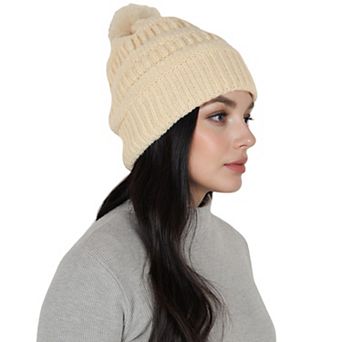 Women's Winter Chunky Knit Slouchy Beanie with Faux Fur Pompom Warm Fleece Chunky Baggy Ha