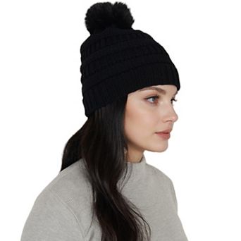 Women's Winter Chunky Knit Slouchy Beanie with Faux Fur Pompom Warm Fleece Chunky Baggy Ha