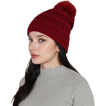 Women's Winter Chunky Knit Slouchy Beanie with Faux Fur Pompom Warm Fleece Chunky Baggy Ha