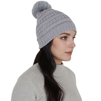 Women's Winter Chunky Knit Slouchy Beanie with Faux Fur Pompom Warm Fleece Chunky Baggy Ha