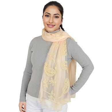 Women's Embroidered Floral Lace Scarf Solid Double Layered Faux Pearls Long Wrap Scarf