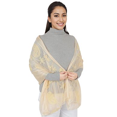 Women's Embroidered Floral Lace Scarf Solid Double Layered Faux Pearls Long Wrap Scarf