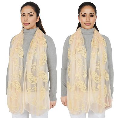 Women's Embroidered Floral Lace Scarf Solid Double Layered Faux Pearls Long Wrap Scarf
