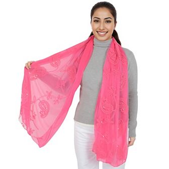 Women's Embroidered Floral Lace Scarf Solid Double Layered Faux Pearls Long Wrap Scarf