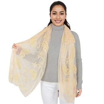 Women's Embroidered Floral Lace Scarf Solid Double Layered Faux Pearls Long Wrap Scarf