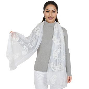 Women's Embroidered Floral Lace Scarf Solid Double Layered Faux Pearls Long Wrap Scarf