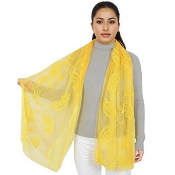 Women's Embroidered Floral Lace Scarf Solid Double Layered Faux Pearls Long Wrap Scarf
