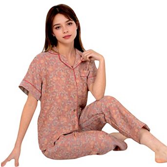 Women's Floral Print Short Sleeve Pajama Set with Button-Up Top and Piping Details