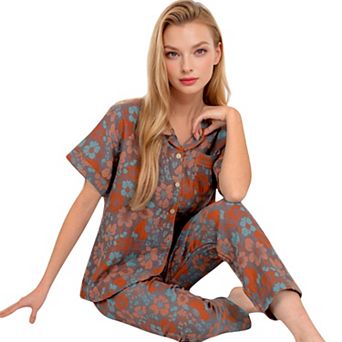 Women's Floral Print Short Sleeve Pajama Set with Button-Up Top and Piping Details